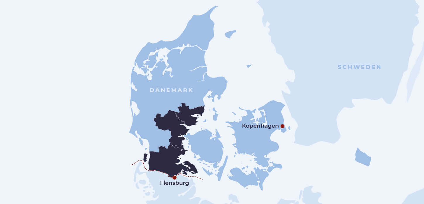 Danmarkskort der fremhæver Destination Sønderjylland, Destination Trekantområdet og Destination Kystlandet i forbindelse med projeketet Fælles Destinationsudvikling i Syd