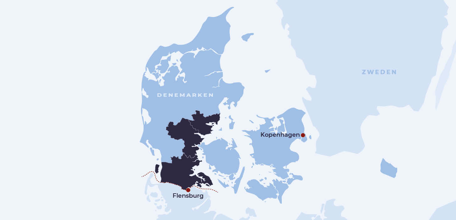 Danmarkskort der fremhæver Destination Sønderjylland, Destination Trekantområdet og Destination Kystlandet i forbindelse med projeketet Fælles Destinationsudvikling i Syd