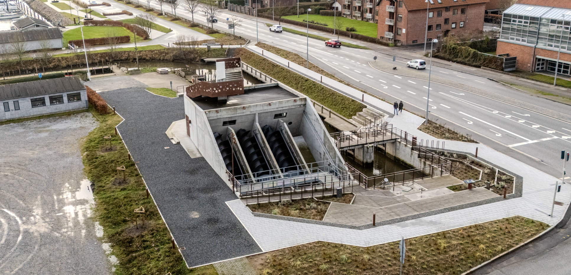 Luftfoto over pumpeslusen i Aabenraa