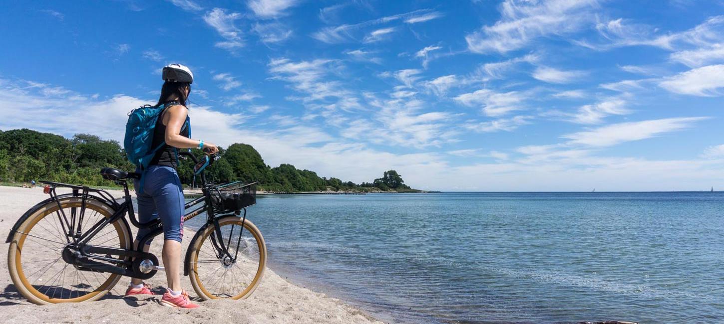 Cyclist on the beach at Sønderhav and Flensburg Fjord
