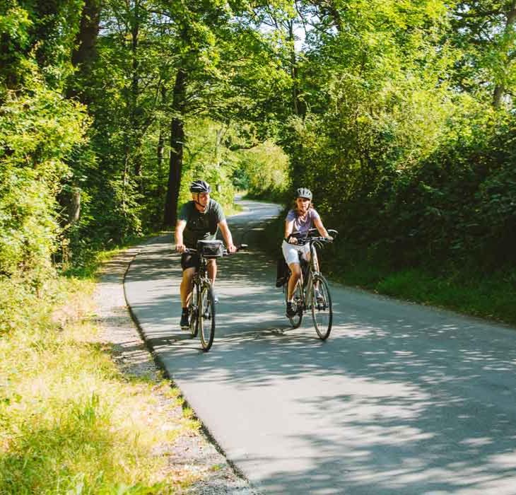 Ein Pärchen fährt Fahrrad im Wald um Aabenraa